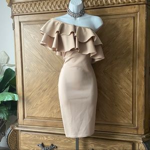 Boohoo Tan One Shoulder Ruffle Midi Dress